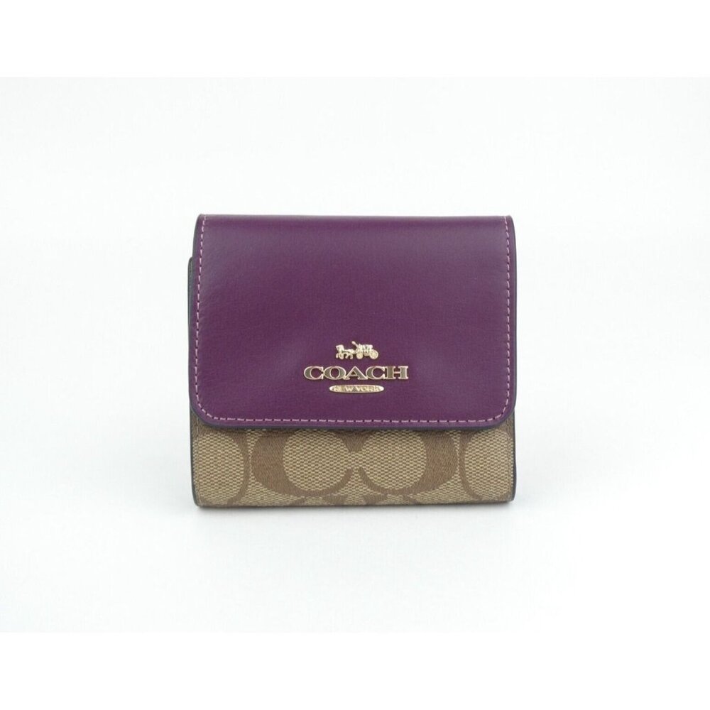 Coach Signature Khaki Deep Berry Small Trifold Wallet NWT CE930